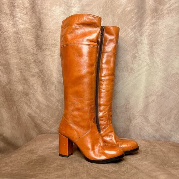 Vintage 60s Leather Calf High Go-Go Boots Square Block Heel Womens 6B Retro Mod - Picture 1 of 12
